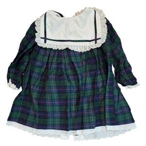 Vintage Good Lad Girls Green Plaid Dress Lace Collar & Matching Bonnet Holiday